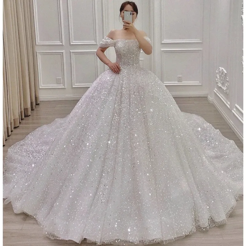 Vintage Glitter Boat Neck Lace Sparkly Wedding Dress Custom Made