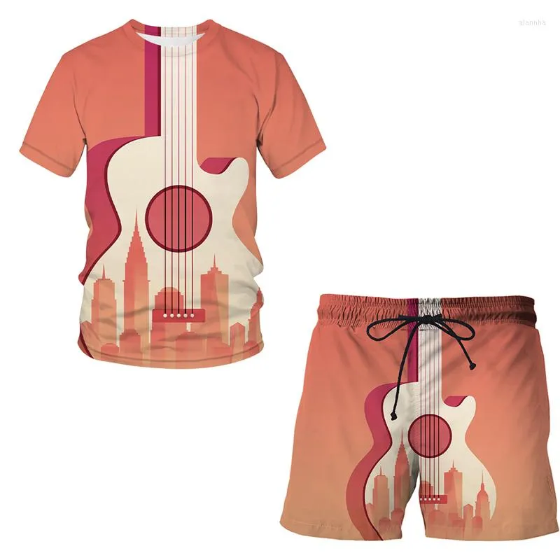 Survêtements pour hommes Cool Hip Hop Musique 3D Guitare Imprimé À Manches Courtes Costume Homme Femmes D'été Plage Casual Wear T-shirt Shorts 2 Pcs 2023