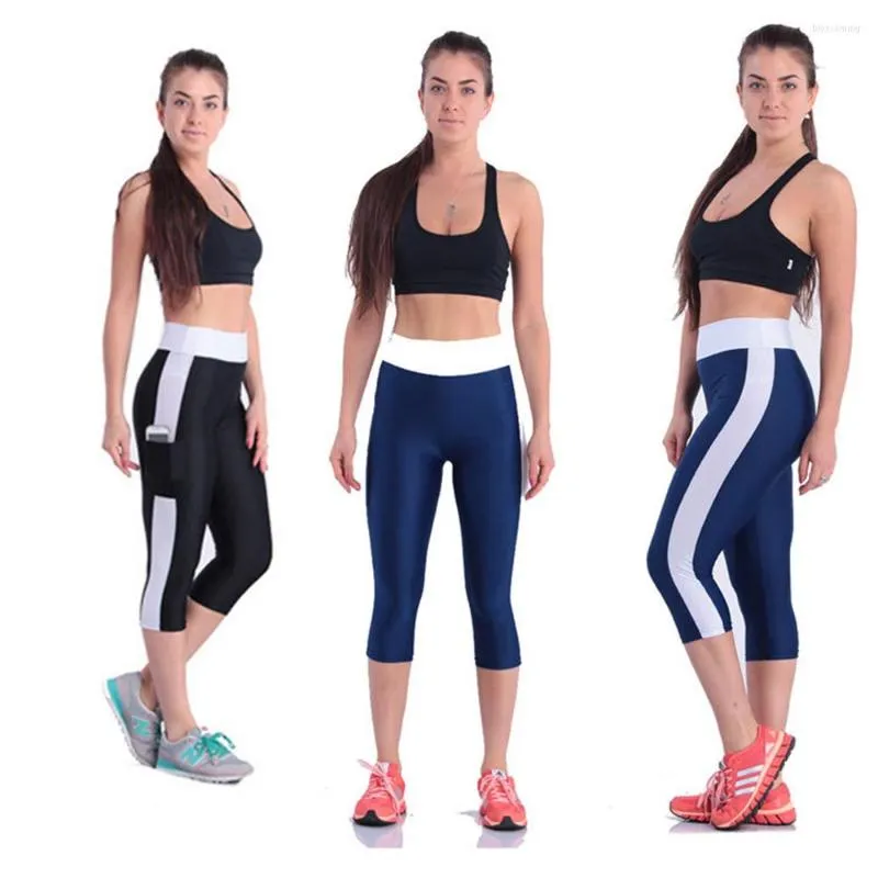 Kvinnors leggings sida pocked capris yoga byxor shorts för kvinnor hög midja elastisk fitness sportkläder snabb torr löpande gym sportig