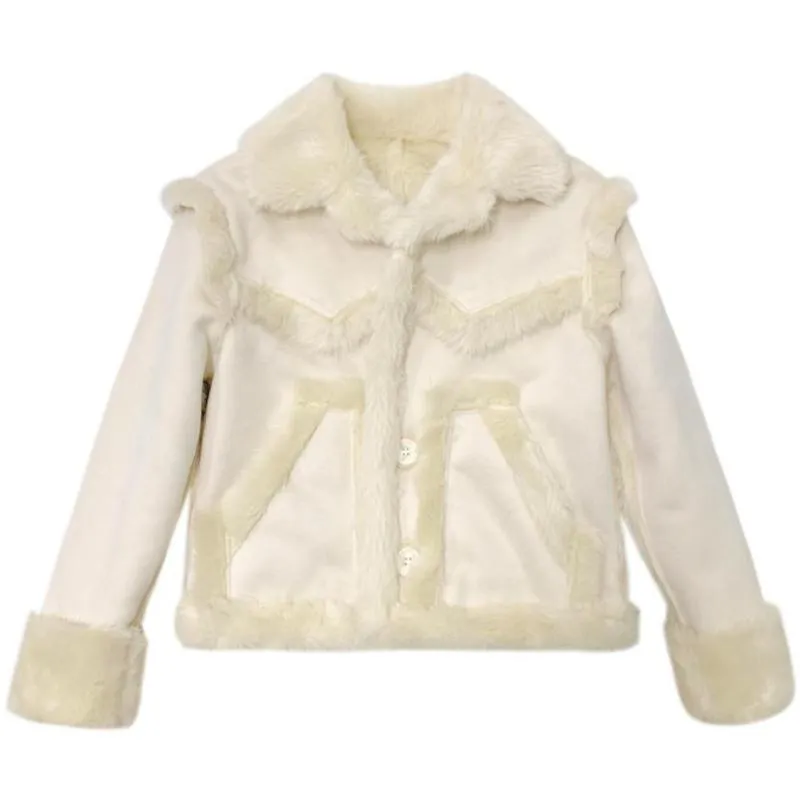 Women's Fur & Faux Lambswool Coat Double Faced Motorcycle Jacket Winter 2023 Short Elegant Ladies Fashion Plush Fleece Top