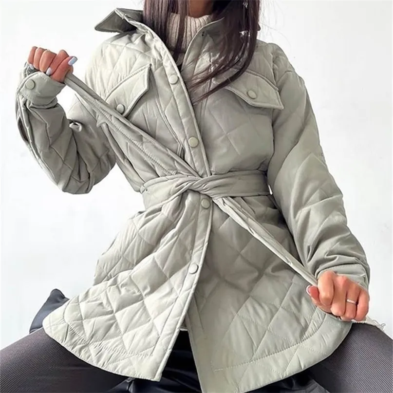 Parkas de plumón para mujer, chaqueta de invierno Lingge larga acolchada suelta, cinturón informal con cuello vuelto, abrigo recto, prendas de vestir para mujer de oficina, ropa de mujer 221024