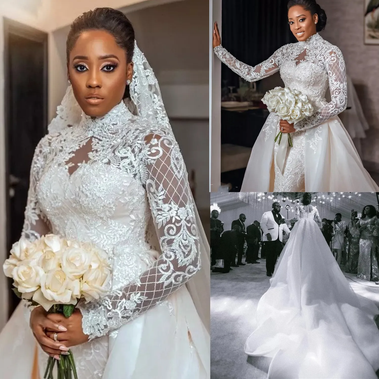 Luxuriöse Meerjungfrau-Brautkleider mit Tüll-Überrock, Spitze, Stehkragen, langen Ärmeln, Übergröße, Aso Ebi Bridal Brautkleider