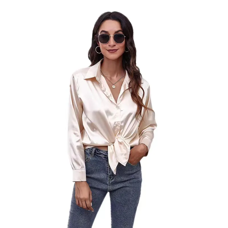 Women Satin Silk Curse V Neck Bottle Down Long Maniche Casual Summer Dressy Tops for Work Professional