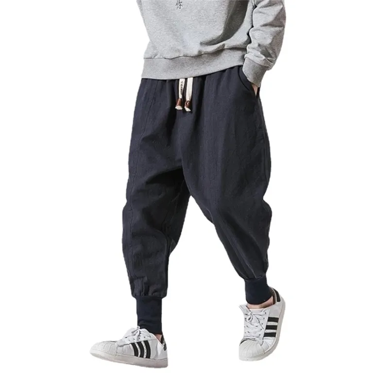Męskie spodnie bawełniane lniane harem solidne elastyczne talia joggery w lupgy drop-crotch casual spodni 221014