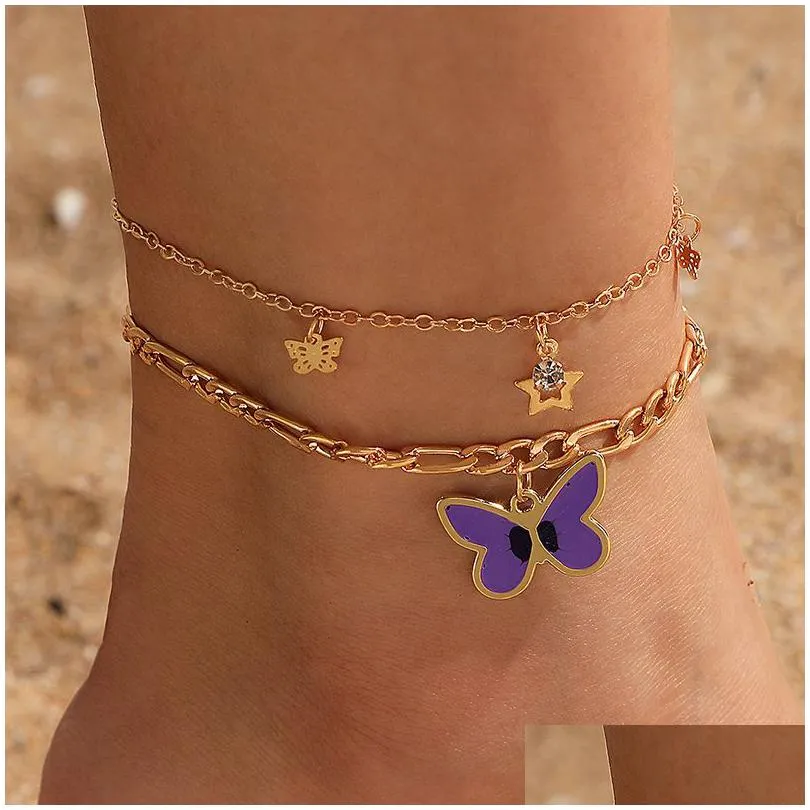 Bracelets De Cheville 2 Pcsset Émail Papillon Charme Cheville Bracelets Pour Femmes Mignon Étoile Frangée Cheville Bracelet Boho Filles Pied Chaîne Plage Jewe Dhbqn