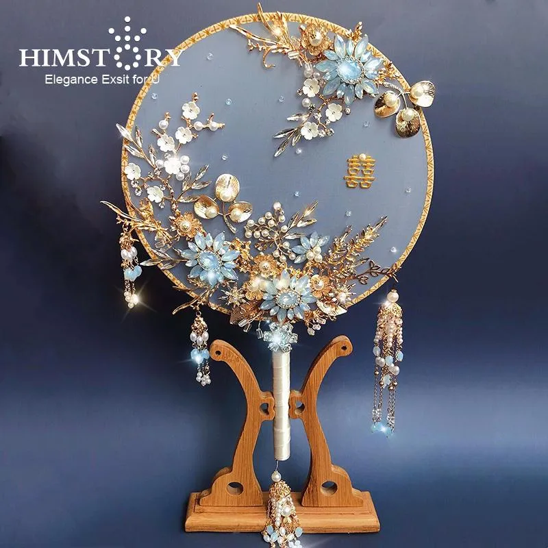 Свадебные цветы Hemstory Blue Crystal Beads Bride Fan Fan в китайском букете букета из бисера Жемчужные свадебные фанаты
