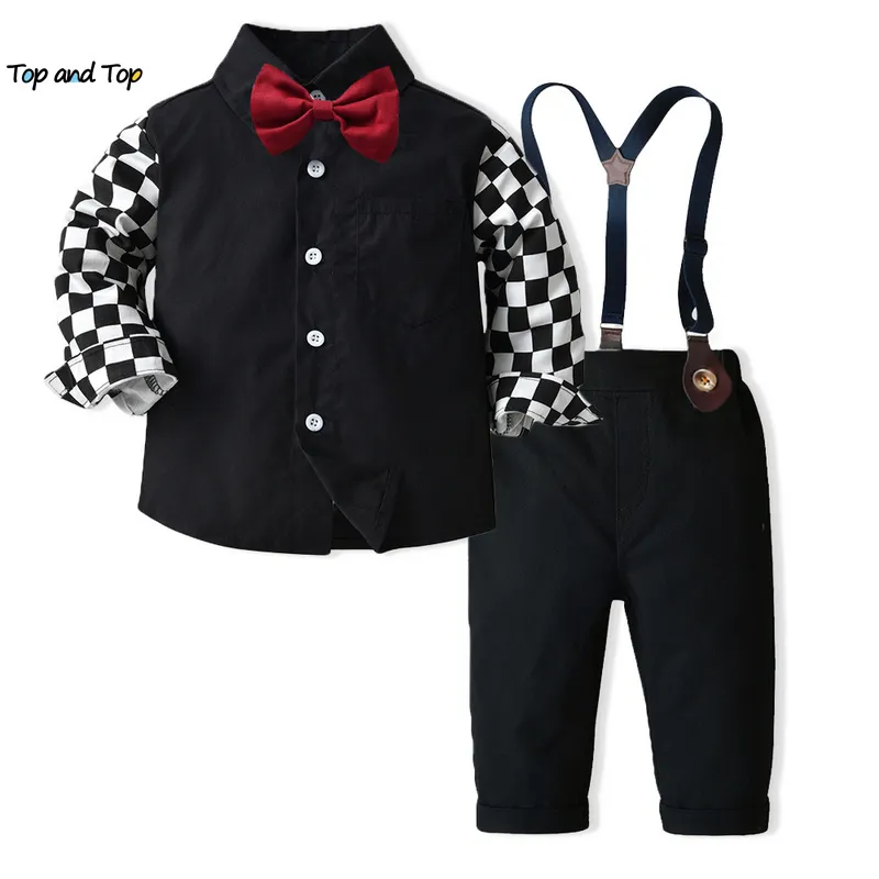 Clothing Sets top and top Autumn Winter Toddler Boys Gentleman Clothing Set Kids Boy Long Sleeve Plaid Bowtie Shirt TopsSuspenders Pants Suit 230110
