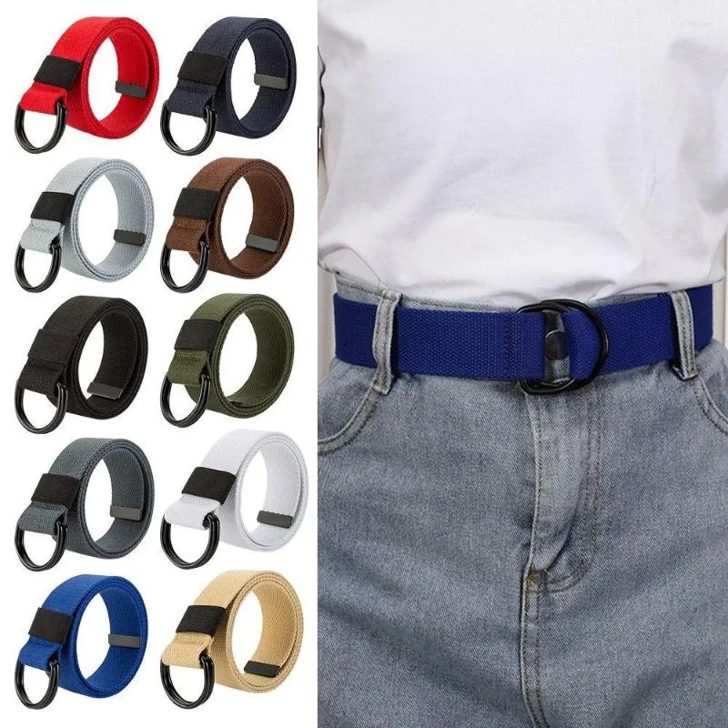 Belts Women Men Black Buckle Versatile Simple Canvas Strap Weave Waist Band Double Ring Waistband Nylon Braided Belt