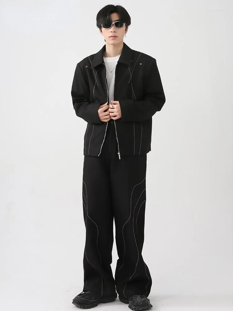 Men's Tracksuits ZCSMLL Men's Wear Autumn Korean Fashoin Personalized Line Design Shoulder Pad Casual Suit Solid Color Male Set L5