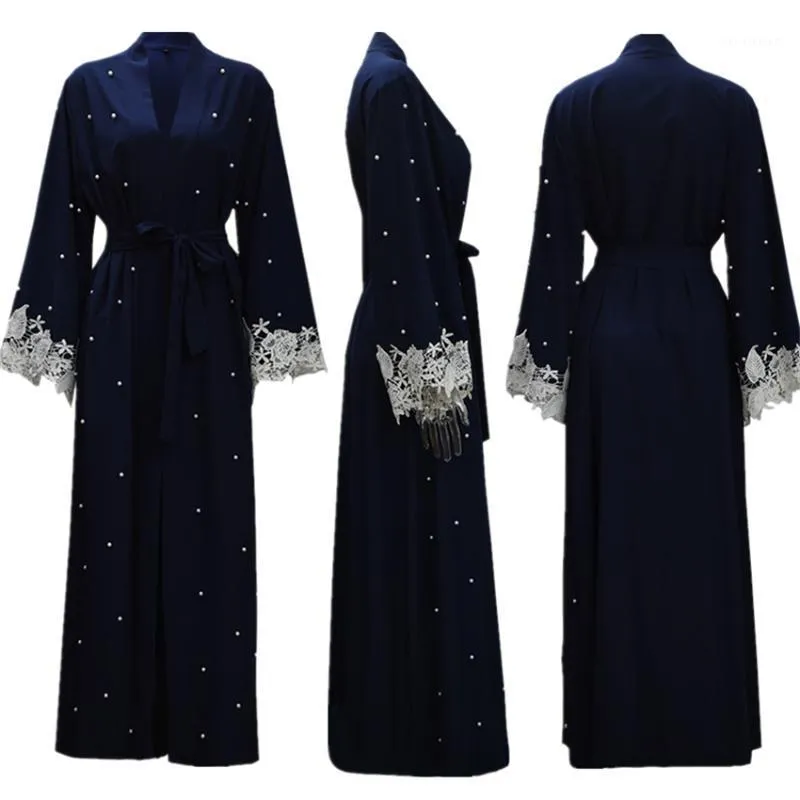 Abbigliamento etnico Donna Abaya Dubai Abito moda musulmana Pizzo manica lunga Caftano Ramadan Eid Abaya islamico per donna Vestaglie S-2XL