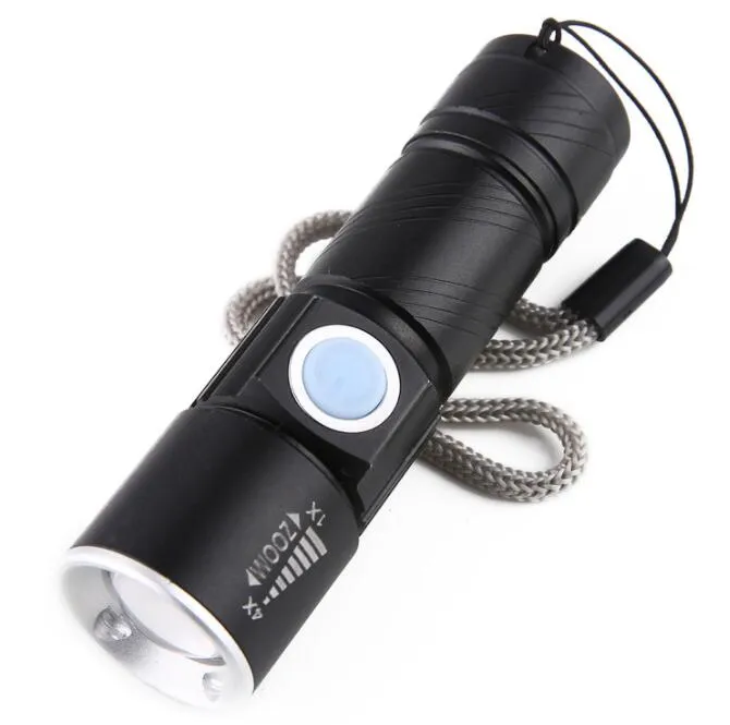 Poderoso USB Handy LED tocha LED USB recarregável Flash Pocket Pocket Mini LED lanterna Zoomable Lâmpada Bateria 18650 Para caçar acampamento