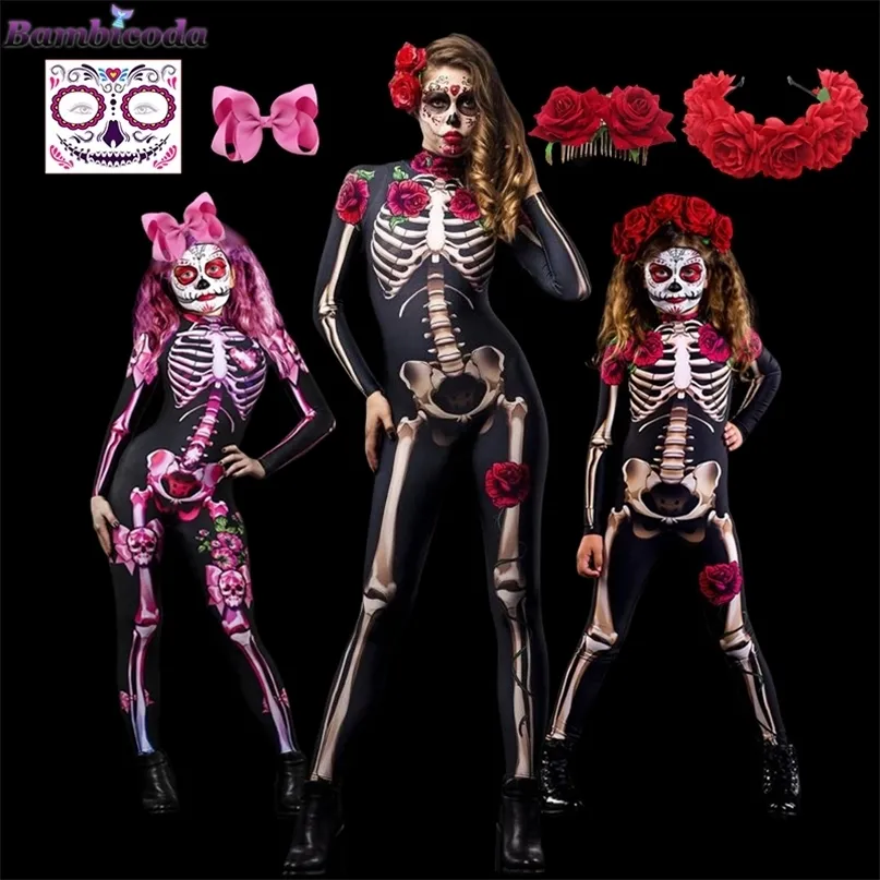 Theme Costume Adult Sexy Women Scary Ghost Rose Skeleton Halloween Devil Jumpsuit Kids Baby Girl Carnival Party Day of The Dead 221022