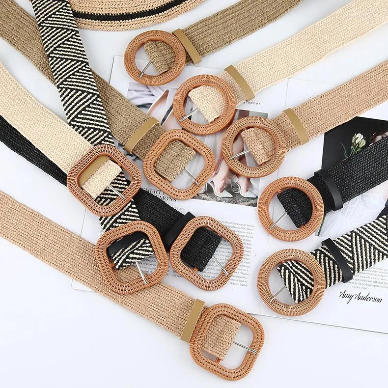 Belts Luxury Bohemia Round Buckle Elastic Braided For Women Solid Colors Linen Weave Fake Straw Wide Belt PP Waistband