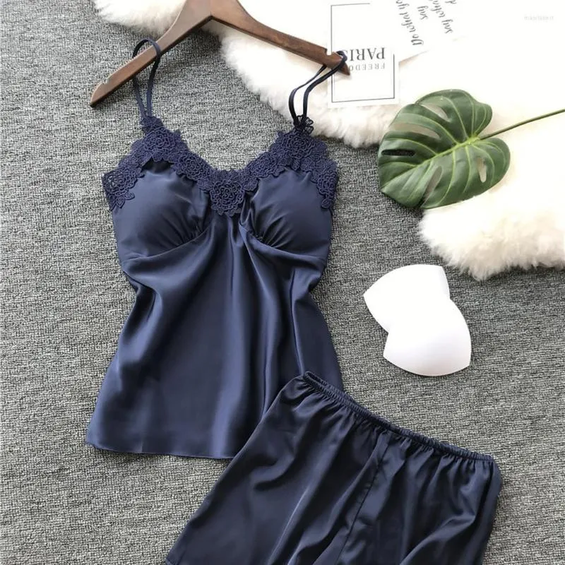 Kadın Sweetwear Seksi Kadın Kadın Saten Sling Lingerie Dantel Nightdress Set Uyku Giyim Pijamas S