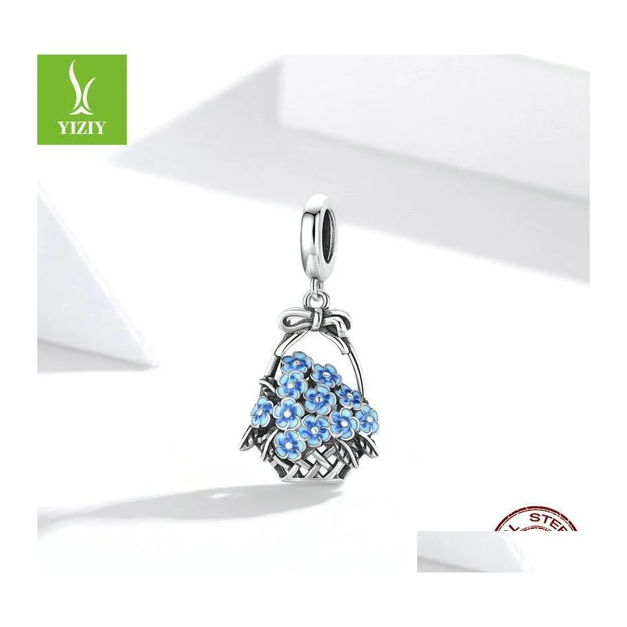 Silver Wostu 925 Sterling Sier Flower Basket Bead Blue Email Charm Fit Originele armband hanger Diy sieraden CQC1717 1048 T2 Drop de Otzee