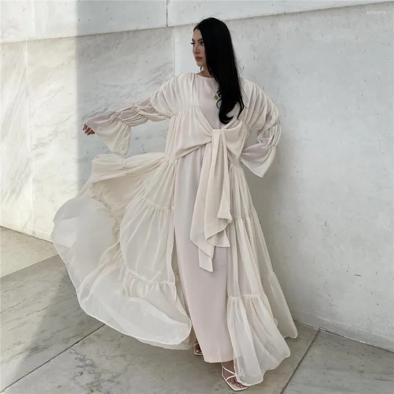 Ethnic Clothing Muslim Fashion Women Kaftan Open Abaya Dubai 2023 For Ramadan Puff Sleeve Pleated Long Dress Loose Big Boubou Vestido