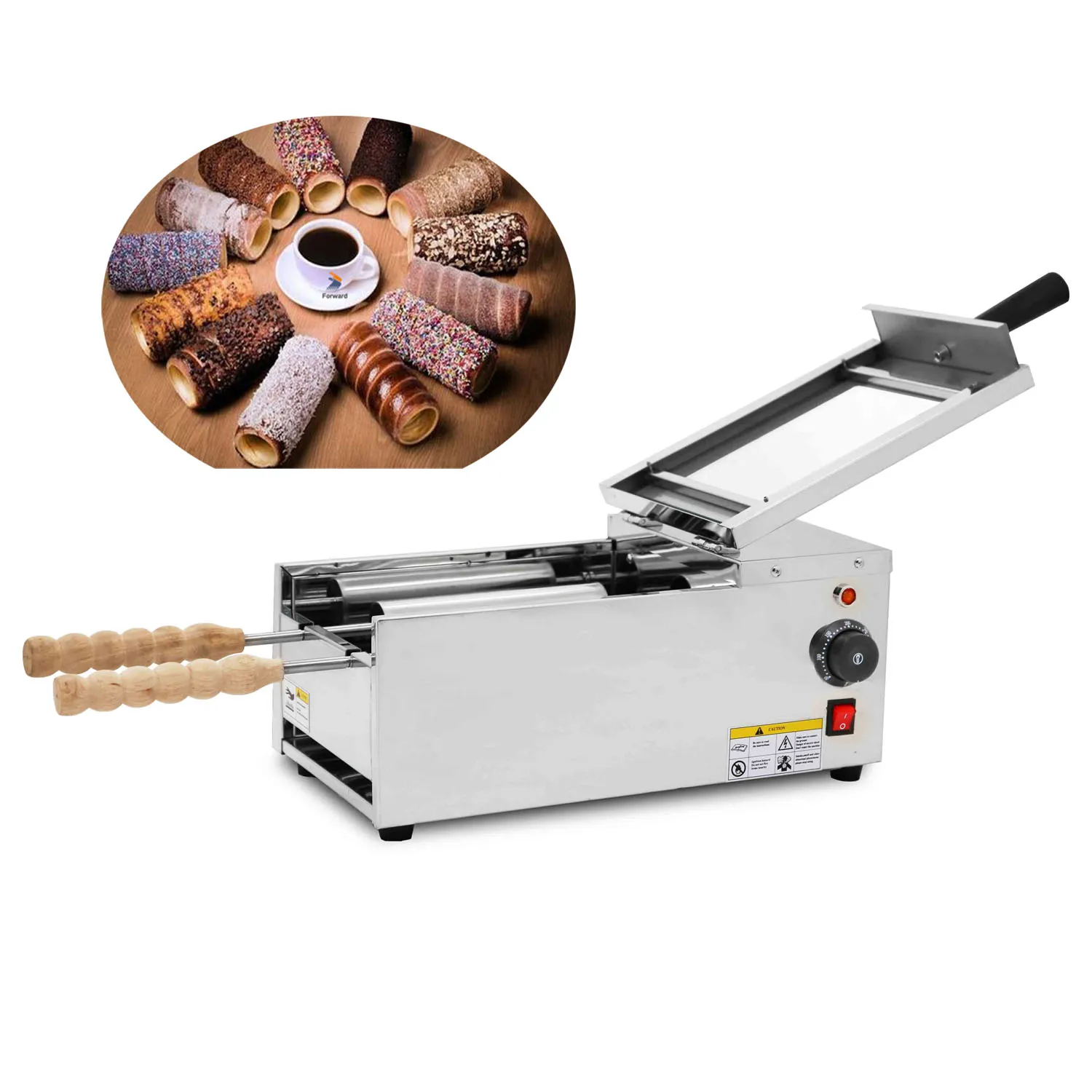مع 2 أسطوانة كهربائية صانع كعكة المداخن الهنغارية Kurtos Kalacs Suto Roll Grill Oven Maker Maker Bread Roll Machine
