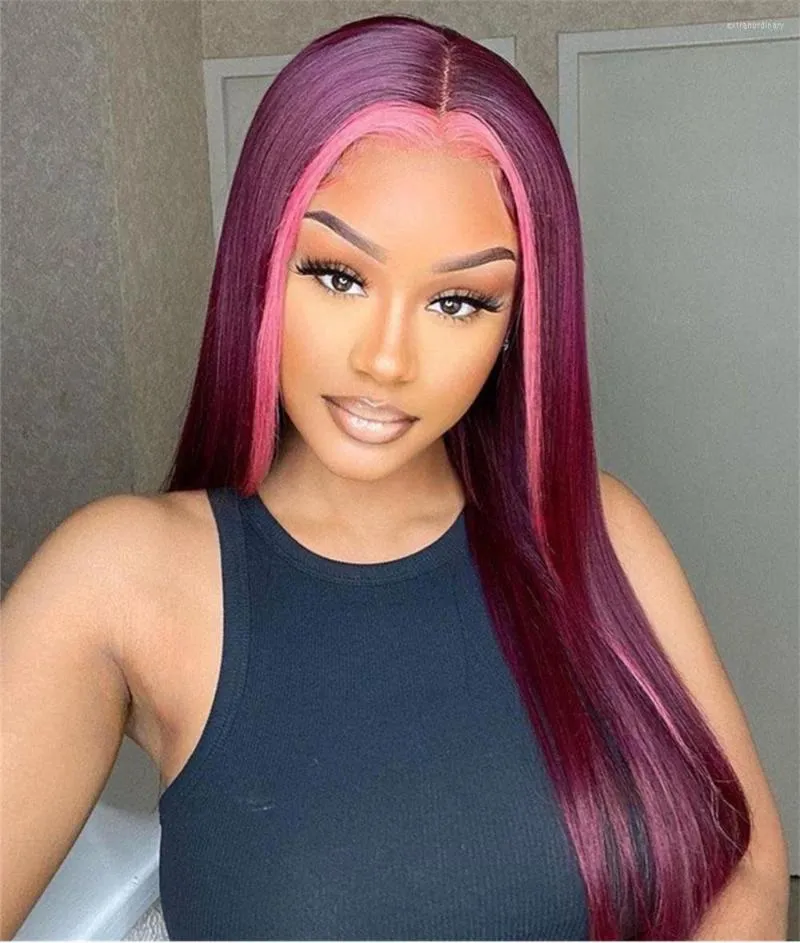 13x4 13 6 Transparent Highlight Pink Colored Straight Spets Frontal Wig For Women 99J Front Human Hair Wigs