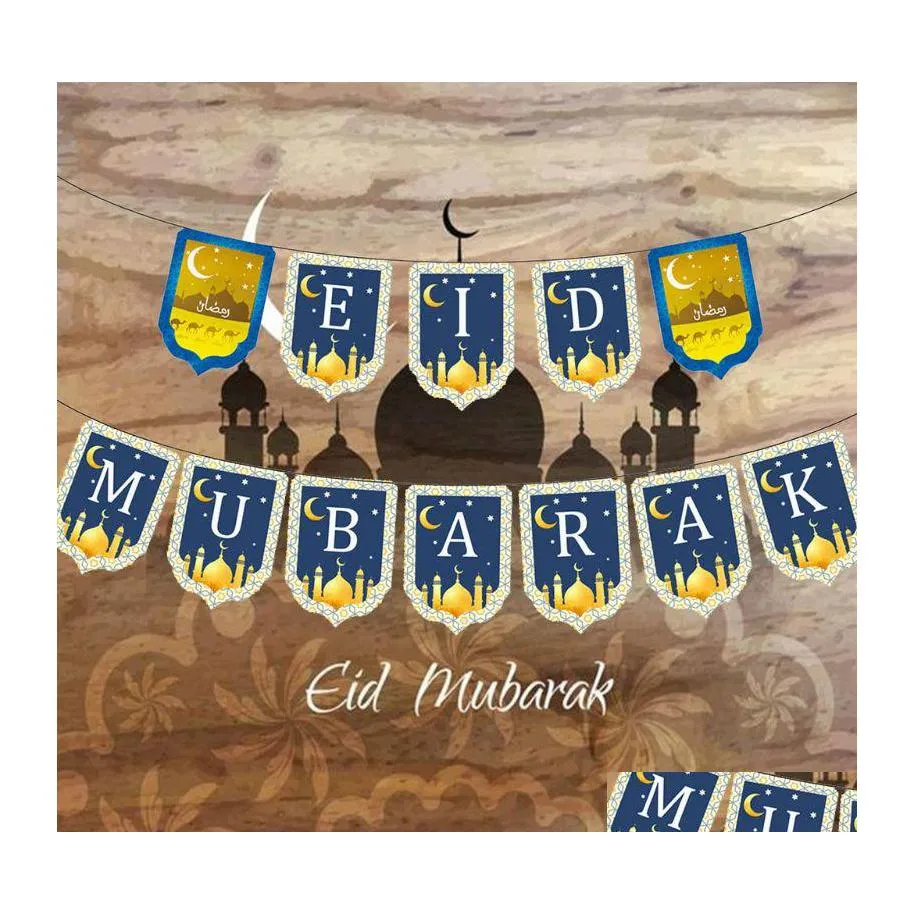 Bannière Drapeaux Eid Mubarak Ramadan Bunting Année Fournitures de décoration de fête islamique Décoration de la maison Livraison directe Jardin festif Dh8Uk