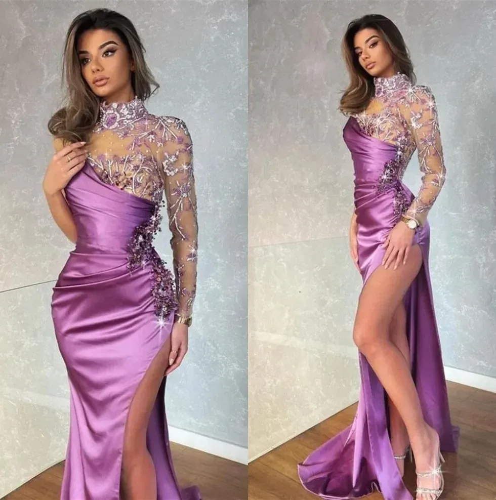 Violet pure col haut satin sirène robes de bal manches longues appliques perlées haute fente formelle robes de soirée robe BC14910