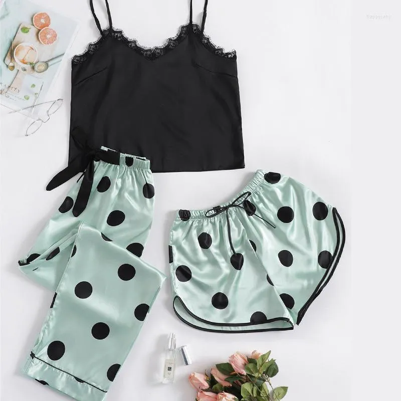 Women's Sleepwear Women's Pajamas Silk Like 3 Pieces Set Ice Sexy Camisole Shorts Long Pants Nightwear Casual Female Home Suits