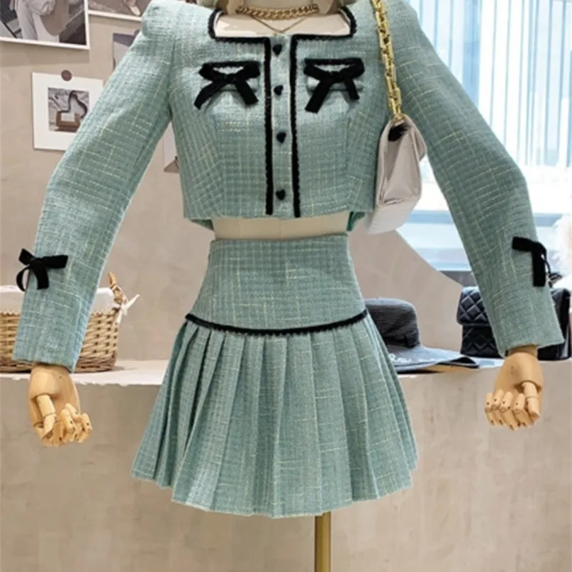 Платье с двумя кусочками маленькое аромат твид 2 сета женская лука короткая куртка костюма костюма корейские сладкие наряды французский винтаж 221024