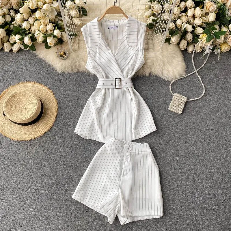 Women's Tracksuits 2023 Office Lady 2 Piece Set Top And Shorts Sets Korean Blazer Pant Suits Luxurious Stripe Summer Suit Ensemble Femme