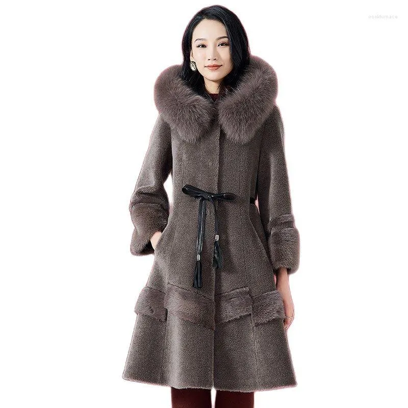 Women's Fur 2023 Mid-Length Jacket Coat Women Winter Sheep Sheared Outwear Collar Female Overcoat Tops Ladies