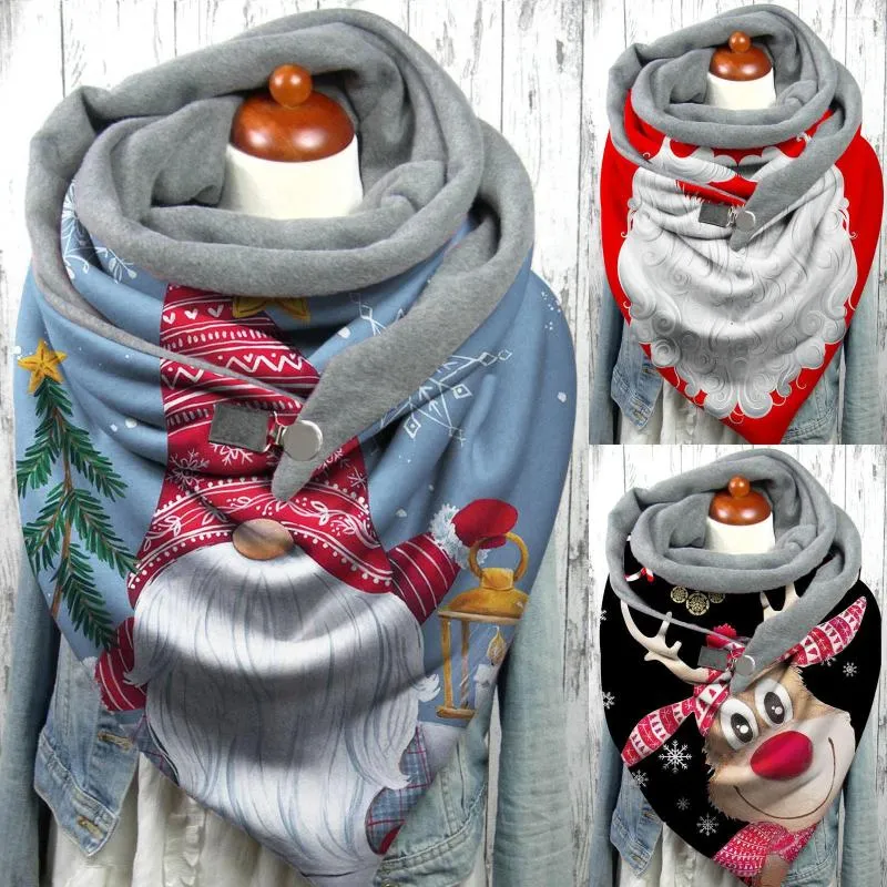 Scarves Women Winter Christmas Scarf Santa Claus Print Casual Soft Xmas Warm Shawls Fashion Wrap Button Foulard Neck