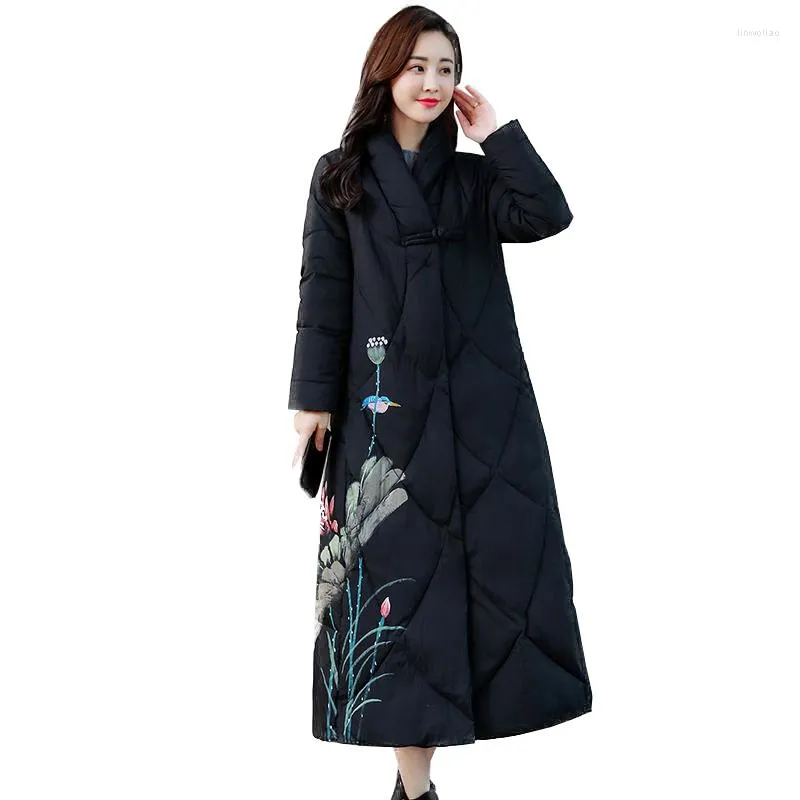 Women's Trench Coats Chinese Style Padded Jacket Women 2023 Winter Cotton Parkas Coat Print Mid-Length Outwear Chaqueta Mujer