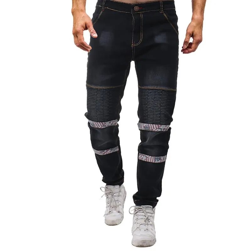 Pantalons pour hommes 2023 Marque Printemps Automne Casual Mode Floral Patchwork Plissé Vieille Ceinture Élastique Slim Fit Jeans GH50