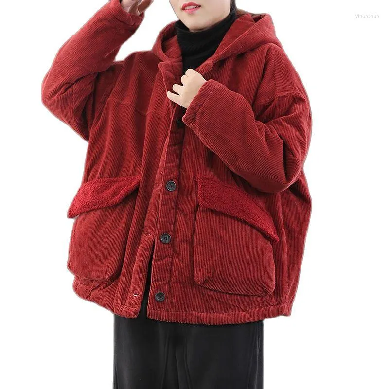여자 트렌치 코트 재킷 여자 조조 가을 겨울 두꺼운 면화 코트 2023 코듀로이 다운 재킷 암컷 후드 오버웨어