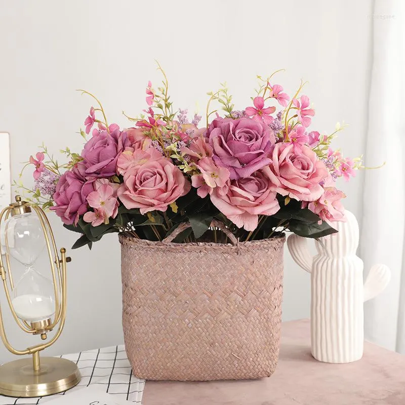 Decorative Flowers Artificial Rose Hydrangea Bouquet Bride Holding Romantic Wedding Decor Home Room Decoration Accessories DIY Fake Plants