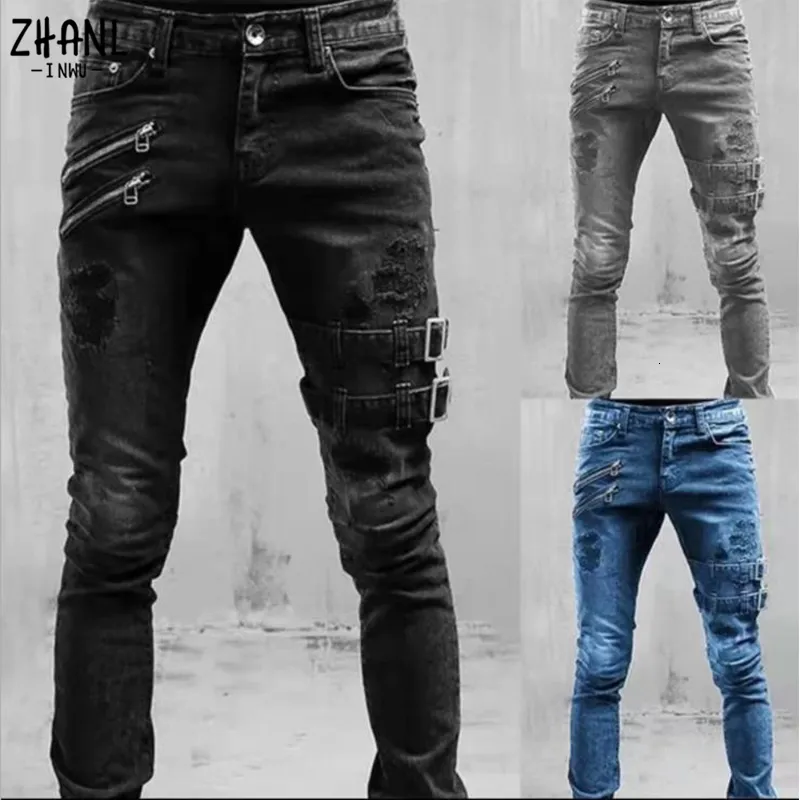 Herr jeans plus size rak man byxor vår sommar pojkvän streetwear mager zips 3 färger cacual long denim byxor 230111