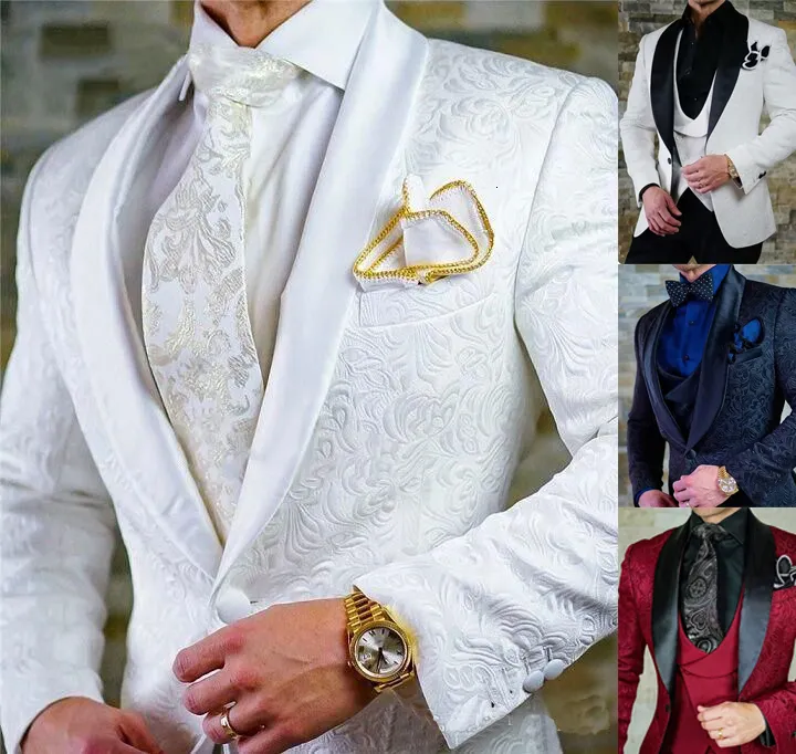 メンズスーツブレザーカスタムサイズJACQUARD GROOMSMEN WHITE GROOM TUXEDOS SHAWL LAPEL MEN WEDDING PROM MAN BLAZERジャケット付きパンツセット230111