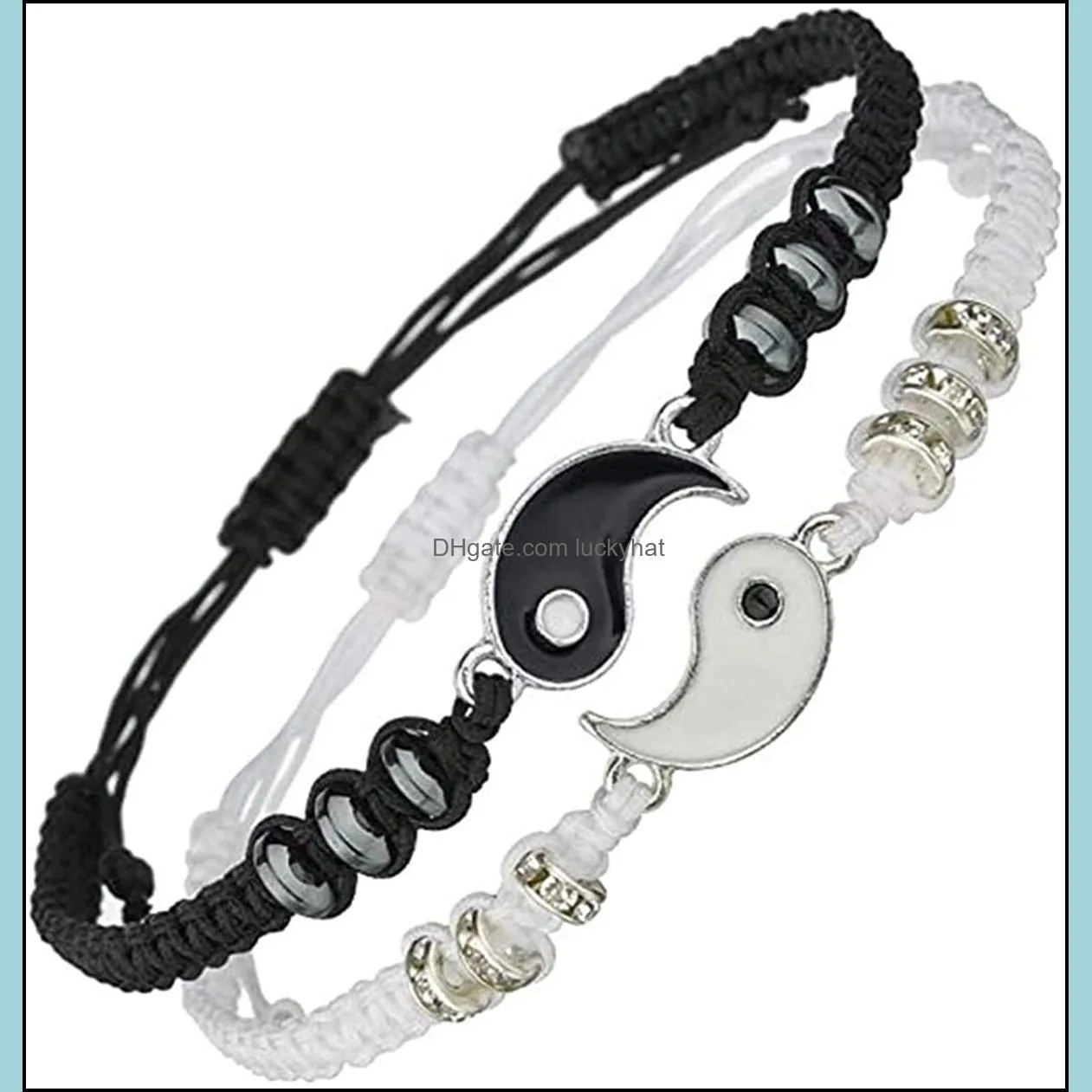 Cadena 12Sets Yinyang Taiji Pulsera Enlace ajustable Negro Blanco A juego Tejido tradicional chino Artesanía Adecuado para pareja Dhnts