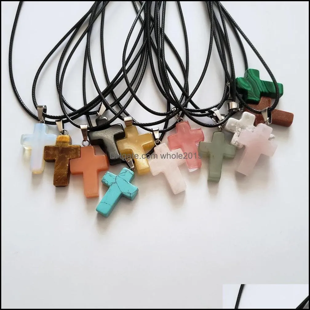 Pendant Necklaces Wholesale 24Pcs/Lot Mixed Fashion Jewelry Natural Stones Pendants Powder Crystal Cross Leather Chains Charms Neckl Dhyzf