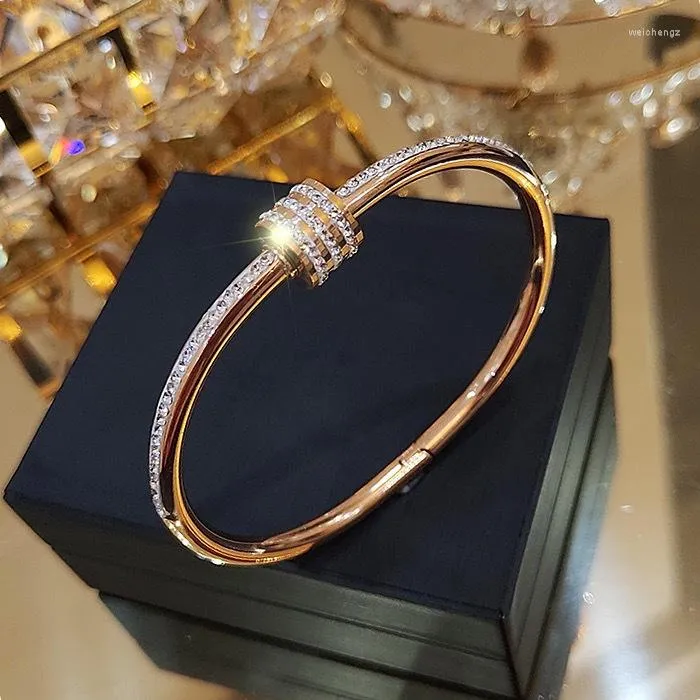 Bracelet Femme Jonc En Acier Inoxydable Or Rose - Zircons Brillants - Style Moderne Et élégant