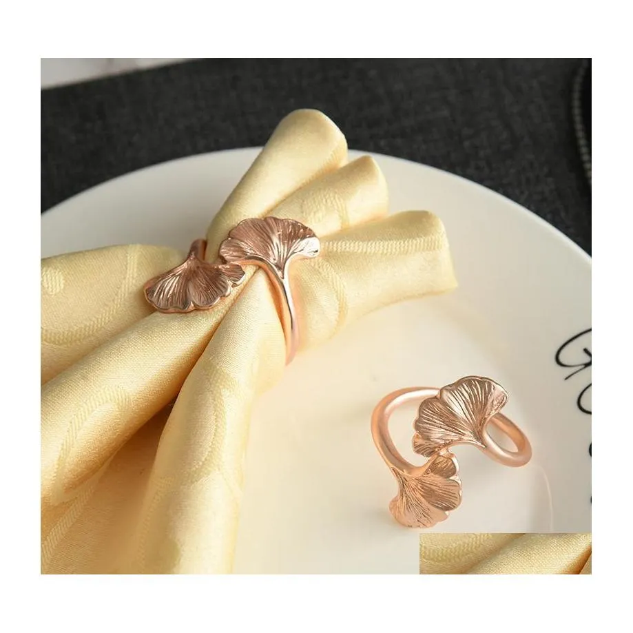 Napkin Rings 10Pcs/Metal Rose Gold Apricot Leaf Ring Table Top Decoration Holder For Western Wedding Banquets Etc. Drop Delivery Hom Dhwog