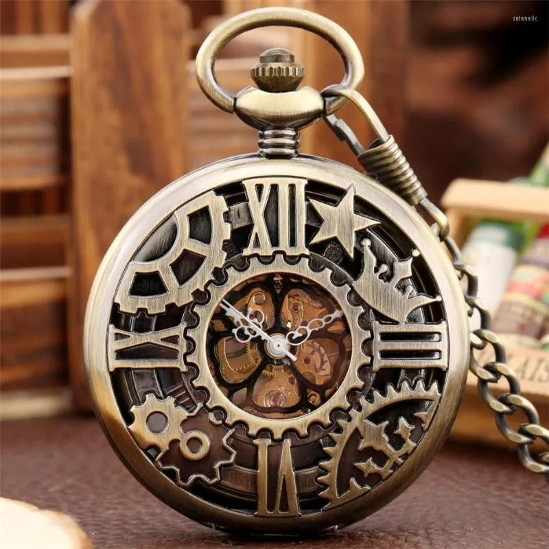 Pocket Watches Bronze Hollow Crown Gear Star Mechanical Hand Winding Watch Fob Chain Pendant Clock Gift Män kvinnor