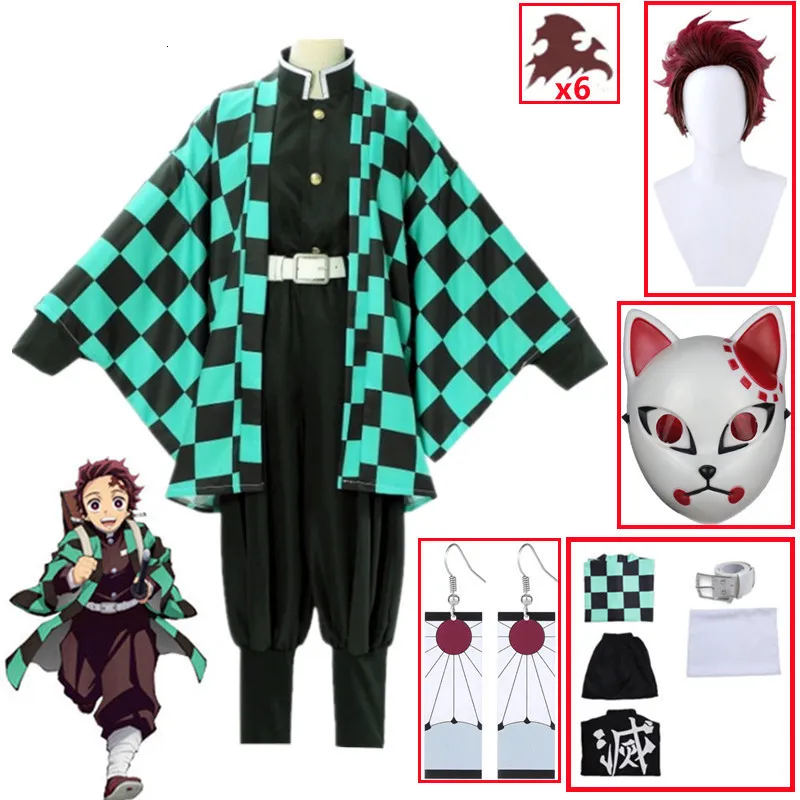 Kostymtillbehör Demon Slayers Kimetsu No Yaiba Tanjirou Kamado Cosplay Kimono Cloak Halloween Party Anime Clothes Uniform Set 230110