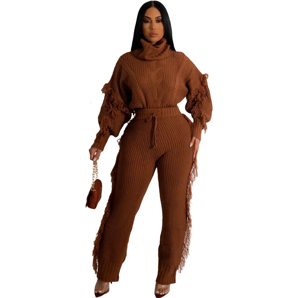 Women's Tracksuit Solid Color Long Sleeve Turtleneck and Fringe Trousers Two Piece Suit Winter Casual Knit Thickening Homewear Matching Set 230110