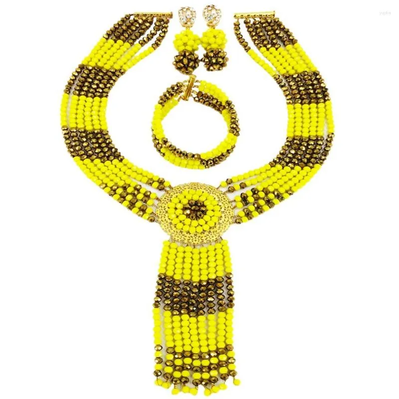 Ensembles de bijoux de mariage, mode Opaque jaune doré marron cristal perlé, ensemble africain, collier de perles nigérianes 6LS06