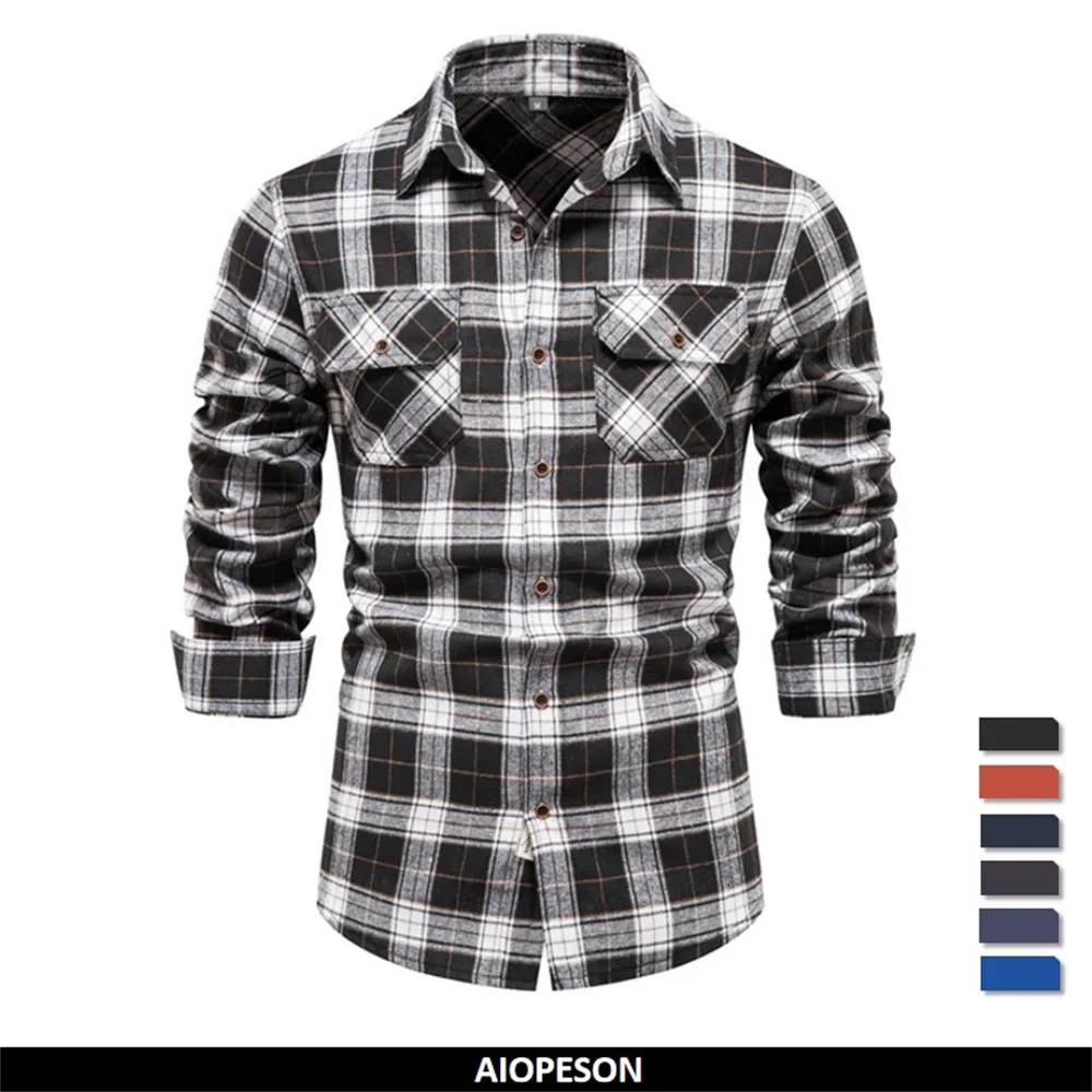 Men's Casual Shirts AIOPESON Double Pocket Flannel Plaid Long Sleeve Social Business for Autumn Fashion Checkered 230111