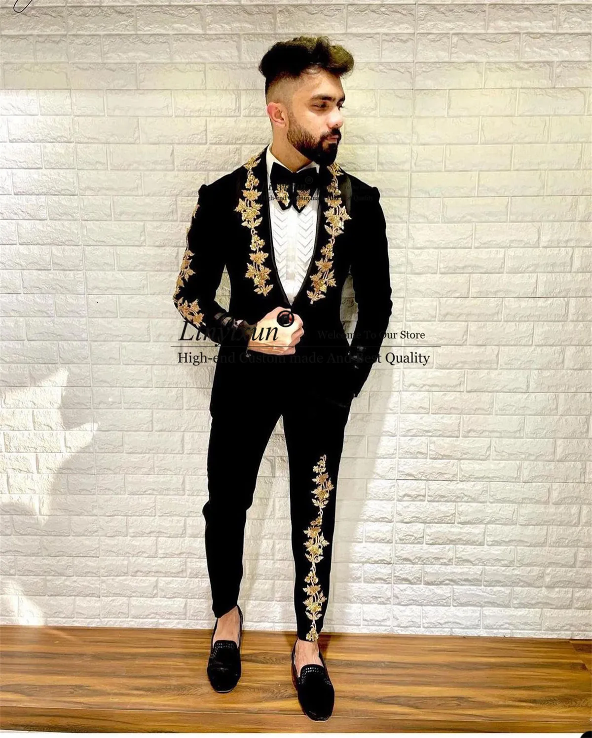 Men's Suits Blazers Black Gold Appliques Men 2 Pieces Set Handsome Groom Wedding Tuxedos Slim Fit Formal Business Male Blazer Pants Outfit 230111