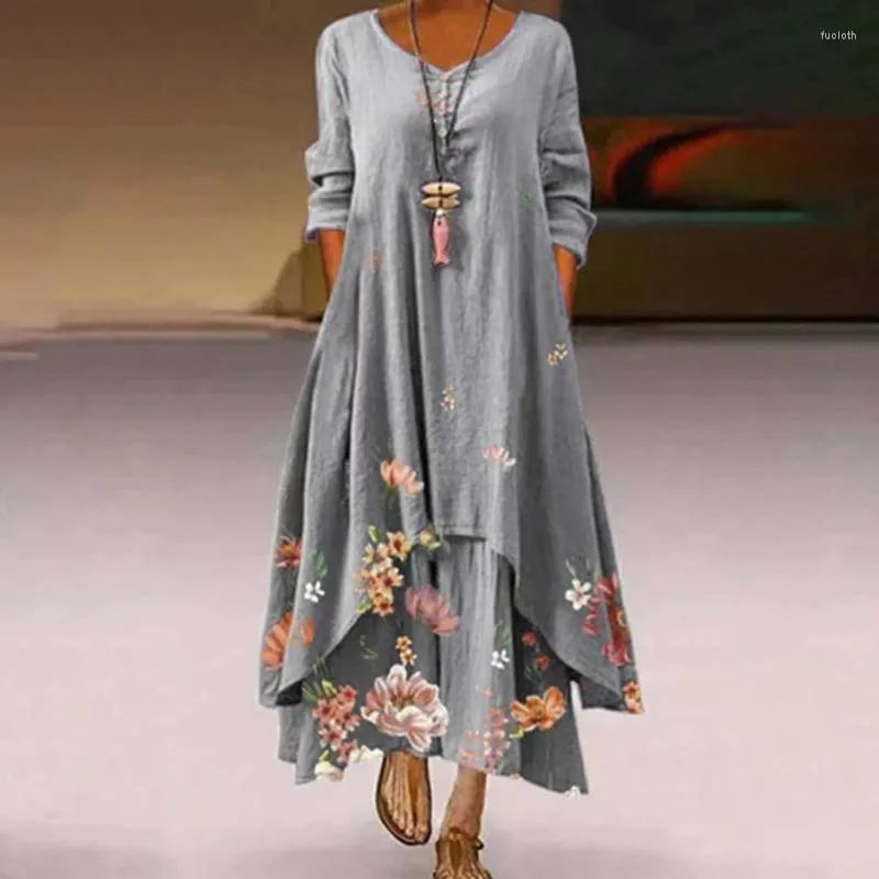 Casual Dresses Women's Flower Printting Vintage Elegant Long-Sleeve Maxi Robes Irregular Hem Plus Size Female Midi Dress 2023