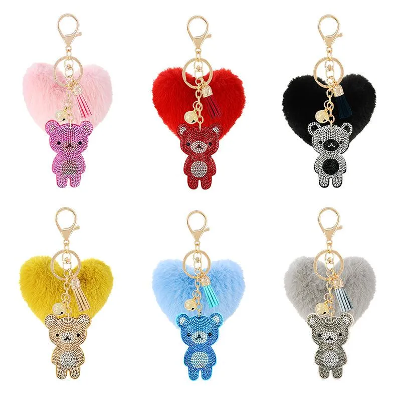 Keychains 2023 Korean Velvet Rhinestone Cute Bear Fur Heart Ball Key Ring Pendant Pompon Jewelry Bag Hanging Accessories