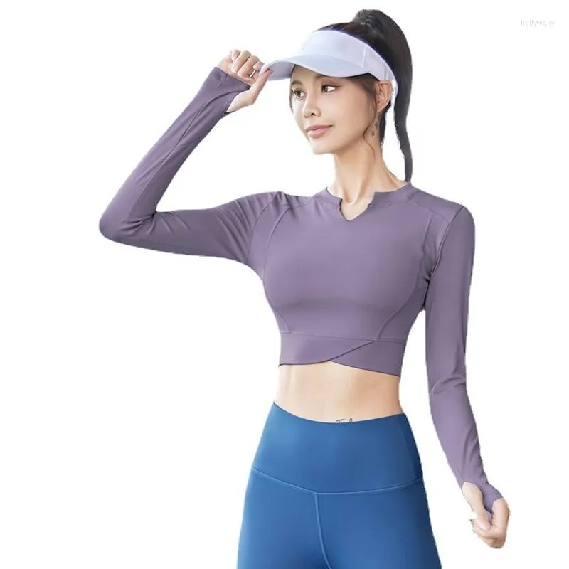 Camisas activas para mujer, cuello en V, Yoga, Fitness, deportes, manga larga con agujeros para los pulgares, Tops cortos cruzados, ropa deportiva ajustada de secado rápido para correr