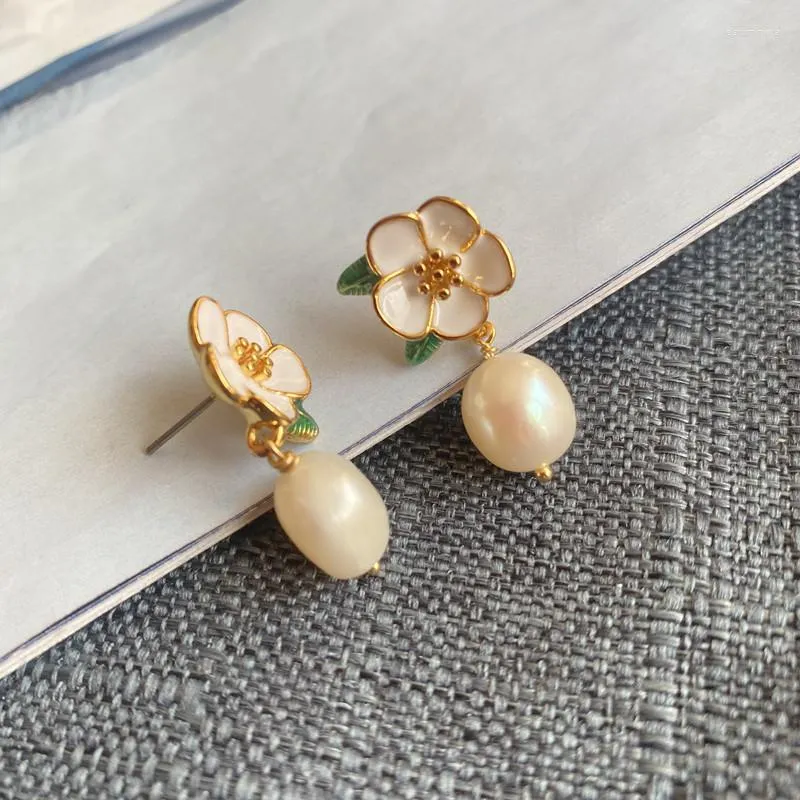 Stud Earrings White Enamel Glaze Strawberry Flower Freshwater Pearl Symmetrical Jewelry Women