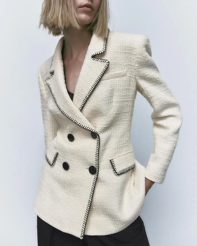 Costumes pour femmes Blanc Tweed Femmes Blazer Veste 2023 Bureau Dame Couleur Unie Double Boutonnage Boutonné Manteau